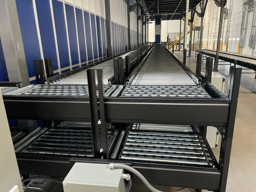 A two level conveyor system with side-by-side tracks on both levels.