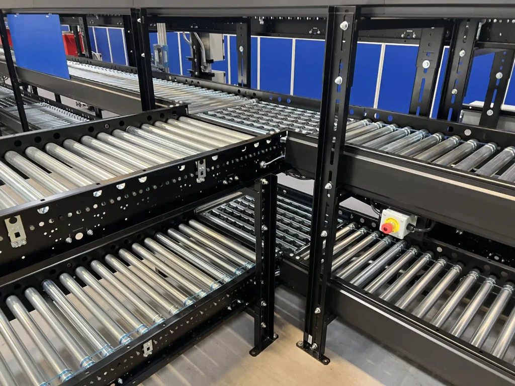 A panoramic view of a two level conveyor system with a 90 degree transfer to the left or right.